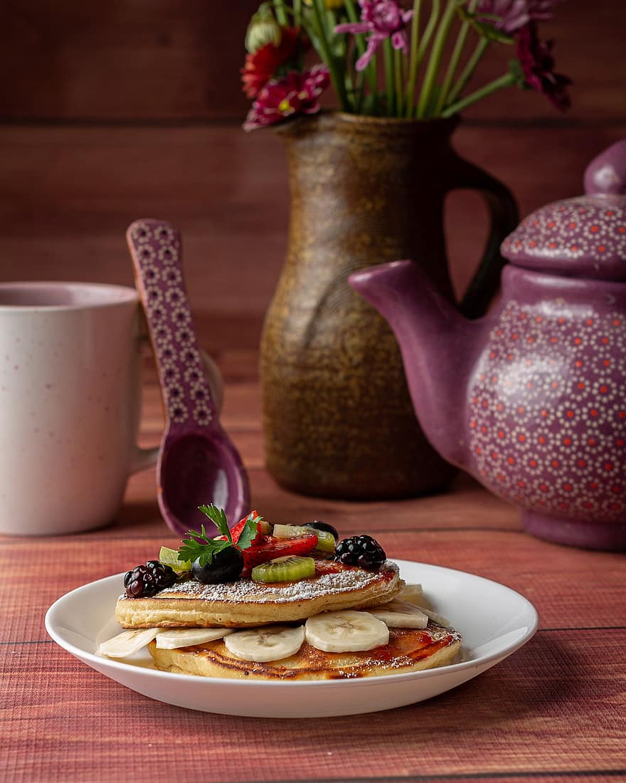 Hotcakes, Pancakes, Breakfast, Meal, Blueberries, Kiwi, Fruit, Fresh, Healthy, Diet, Banana