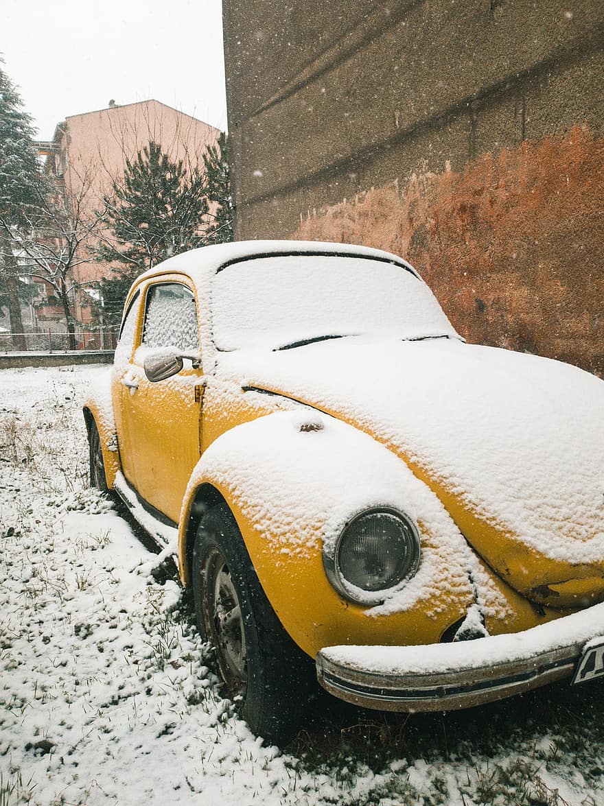 kever, auto, sneeuw, winter, gele auto, Gebruikt voertuig, automatisch, automotive, klassiek, wijnoogst, oud