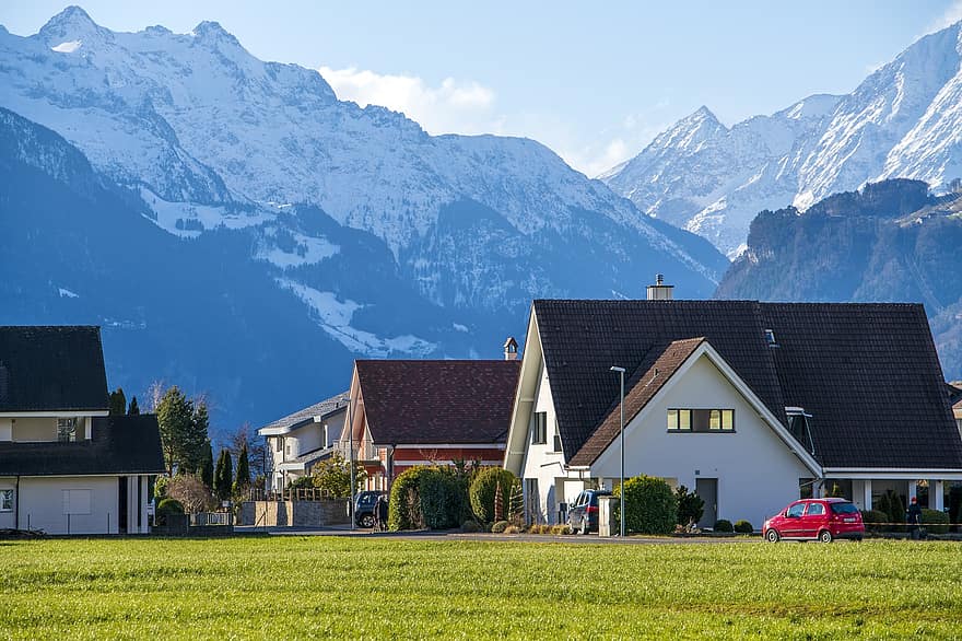 Szwajcaria, wioska, Natura, domy, Dom, schronienie, Góra, architektura, trawa, śnieg, krajobraz