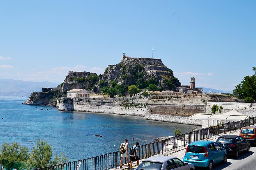 corfu, grekland, hav, ruiner, gamla fästningen, monument, historisk, stad