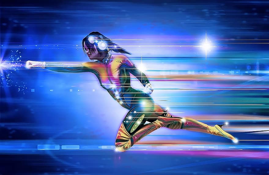 супергерой, момиче, скорост, бегач, бягане, светлини, пространство, кибер, костюм, женски пол, наука