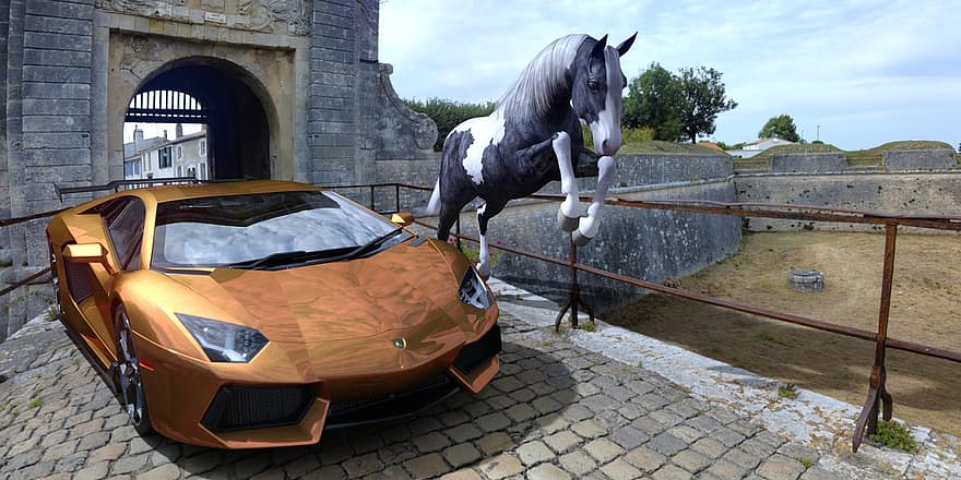 Ένα αυτοκίνητο και ένα άλογο, αυτοκίνητο, αγωνιστικό αυτοκίνητο, άλογο άλμα, καθιστώ, 3d, τέχνη, απεικόνιση, όχημα, ζώο, καλύπτει