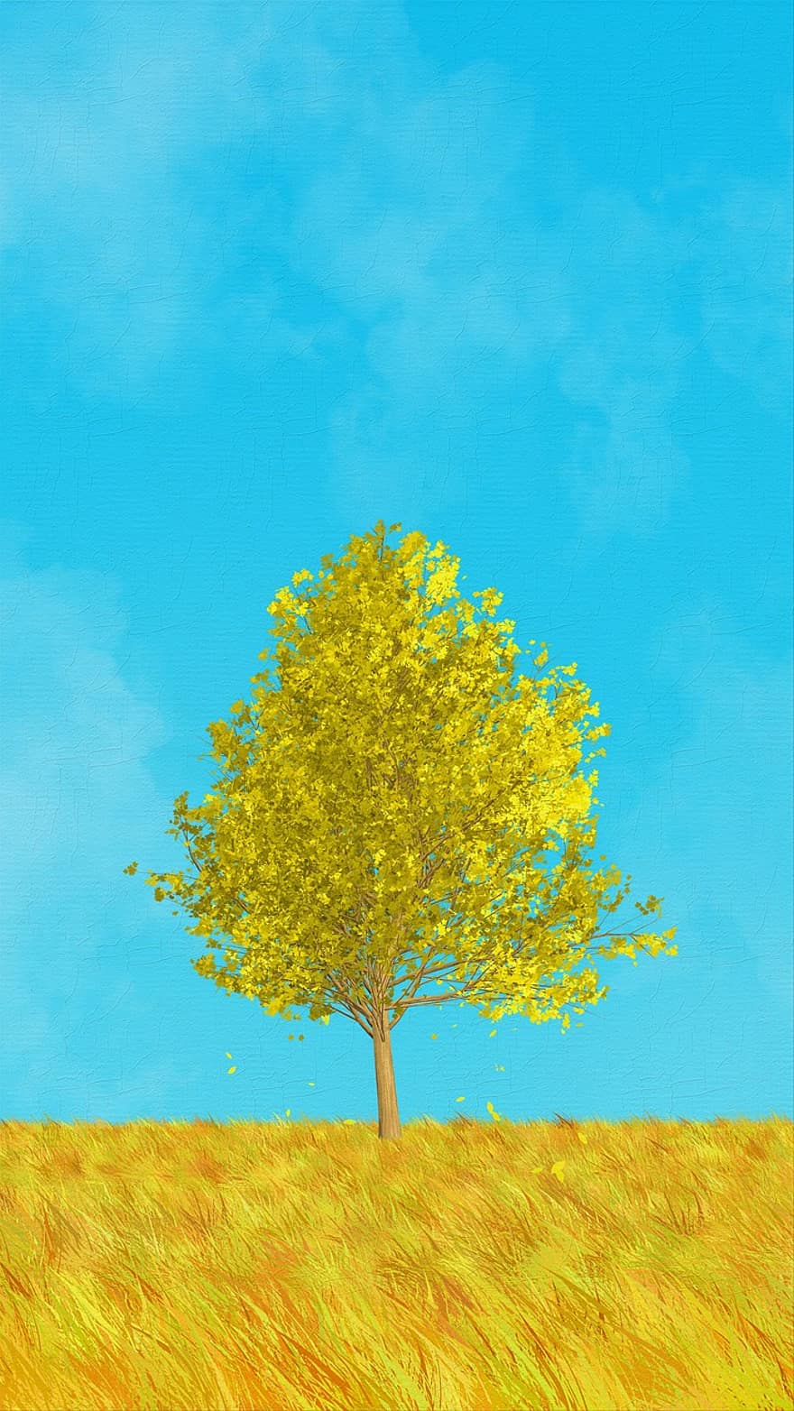 obraz, kreatywność, łąka, drzewo, jesień, niebieski obraz, niebieska farba