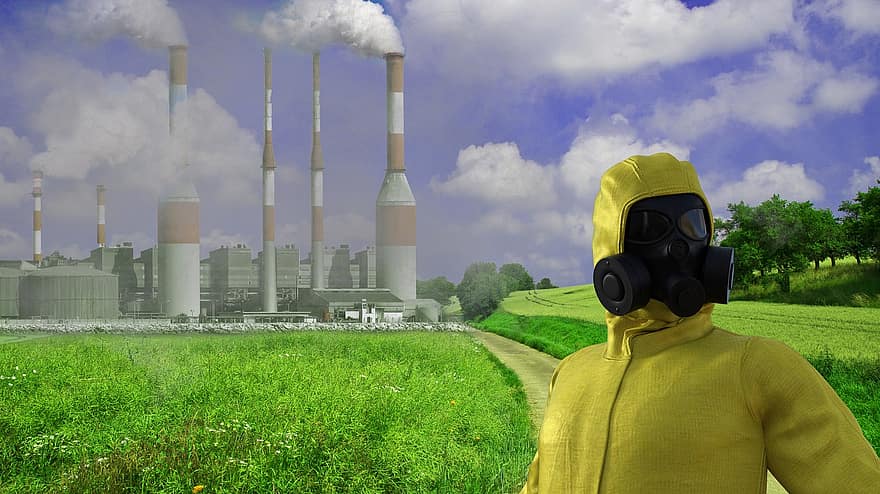 άνδρας, μάσκα αερίων, βιομηχανία, καπνός, ρύπανση, παγκόσμια υπερθέρμανση, την αλλαγή του κλίματος, περιβάλλον, καταστροφή