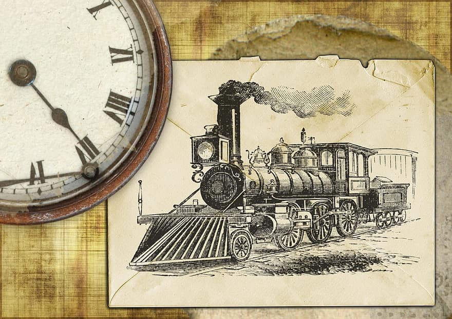 vieux, ancien, rétro, locomotive, train, l'horloge, Contexte, carte, fond vintage, milieux vintage, conception