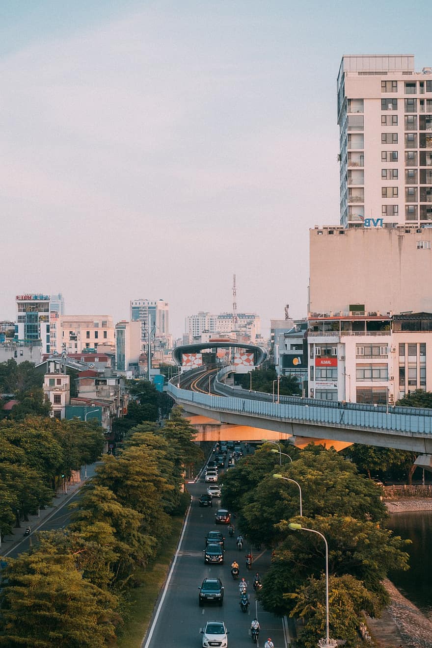 Hanoi, város, épületek, út, országút, belváros, felhőkarcoló, városi