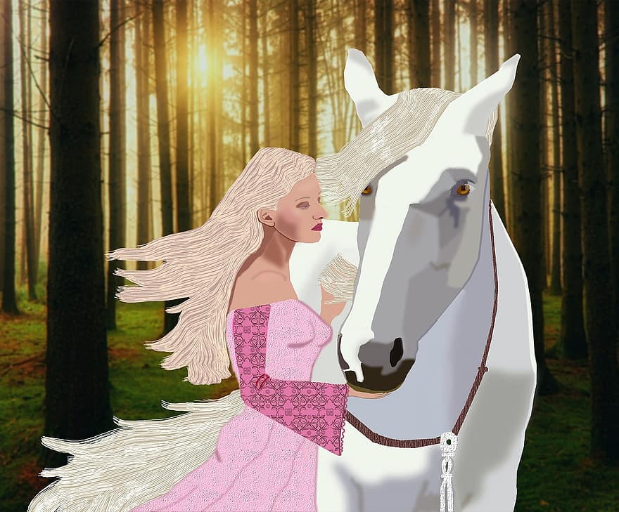 caballo blanco, Mujer bonita rubia