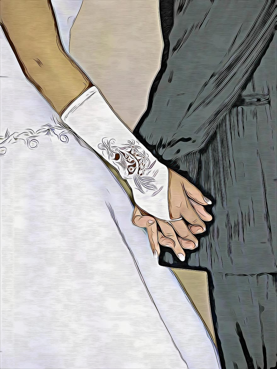 ekteskap, gift par, bryllup, begivenhet, grafikk, forlovede, hender, hanske, brud, kjærlighet