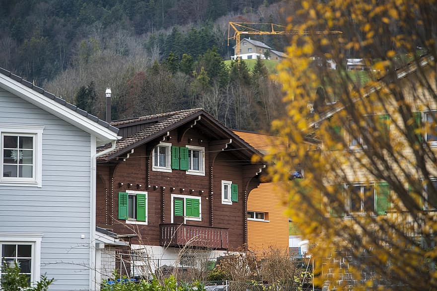 casas, cerros, pueblo, Suiza, invierno