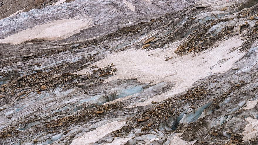 Pxclimateaction, geleira, Glaciares Moribundos, Geleira derretendo, neve, entulho e cinzas, pedras, Rocha, Alpes, panorama, agua