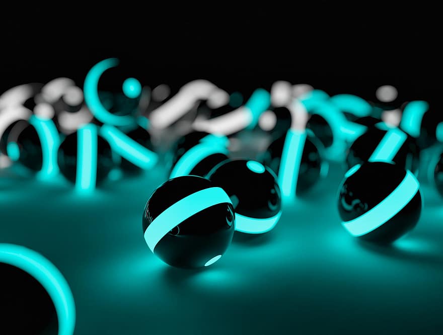 Bolas fluorescentes, Bolas que brillan intensamente, Render 3d, azul, antecedentes, resumen, brillante, de cerca, conceptos, ilustración, esfera