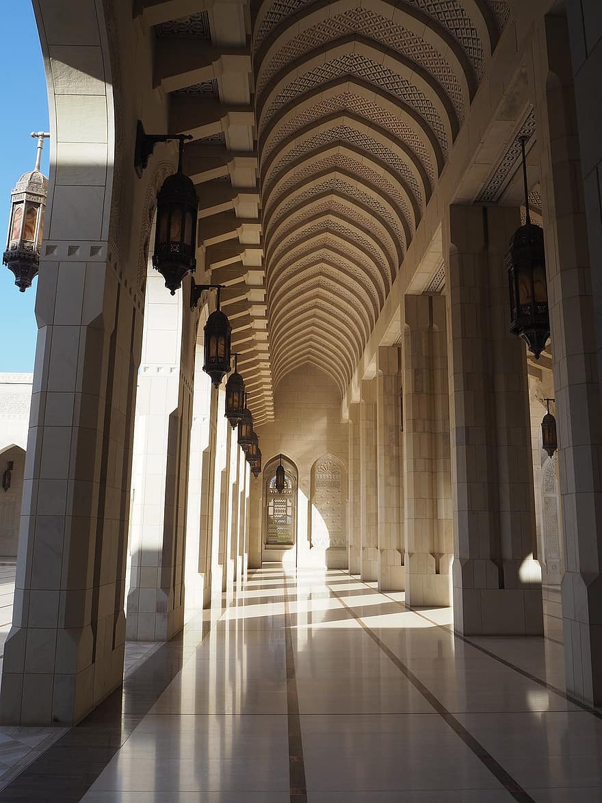 mosquée, Islam, architecture, arcade, des arches, piliers, des colonnes, sentier, passerelle, couloir, religion