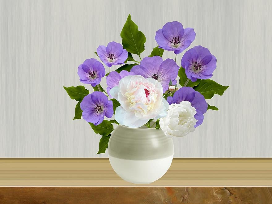 pentola, fiori, fiori in vaso, vaso di fiori, peonie, arredamento, Campanules, viola, natura