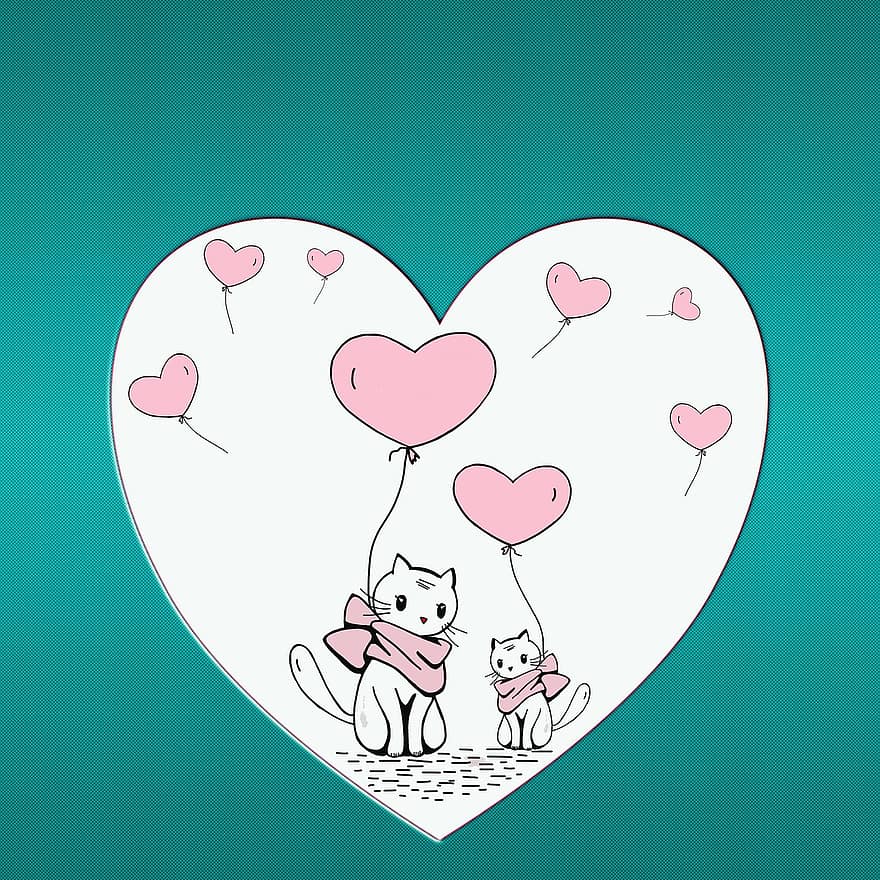 сърце, балони, котка, карта, сладка, сладък, чертеж, сватба, обичам, романтичен, копие пространство