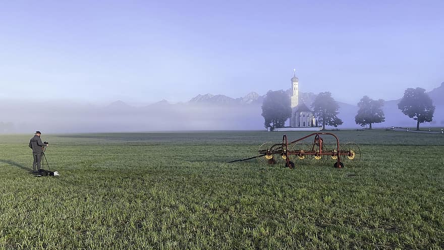 церковь, часовня, туман, луг, человек, фотограф, трава