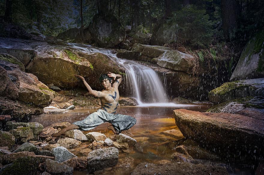 медитация, водопад, природа, кунг фу, упражнение, майстор, баланс, отдих, дъжд