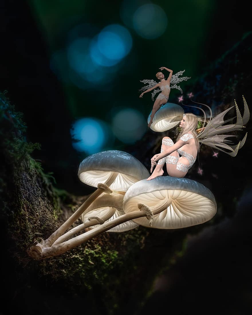 Contexte, les bois, champignon, fairys, fantaisie, femelle, personnage, art numérique