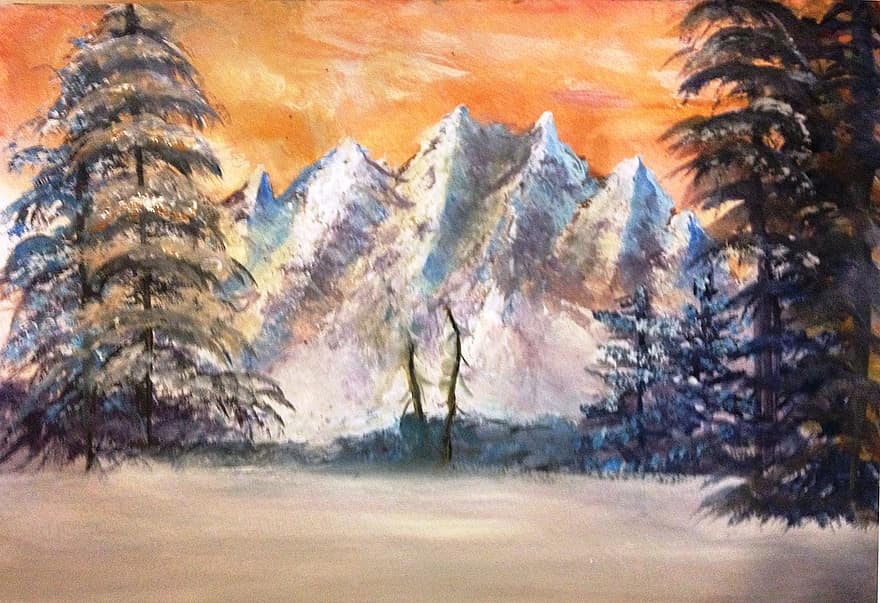 kalni, ziemā, glezna, sniegs, jomā, priedes, koki, kalnu grēda, ainavu, dekorācijas, raksturs