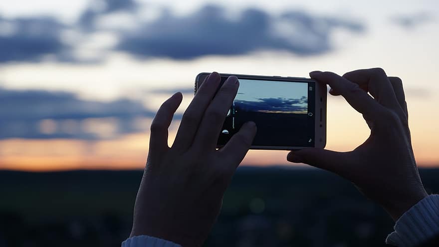 Hands, Photo, Photograph, Phone, Sunset, Clouds, Fingers, Camera, Hand, Woman
