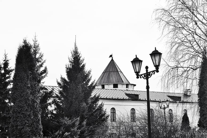 xây dựng, cột đèn, đường phố, cây, thành thị, kremlin, kazan, thành phố, lịch sử, sự đối xử, hàng rào