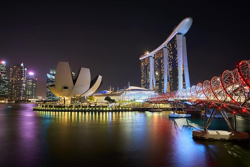 marina bay sands, singapore, stadsbild, skyskrapor, arkitektur, horisont, byggnader, strukturer, fasader, landmärke, turist ställe