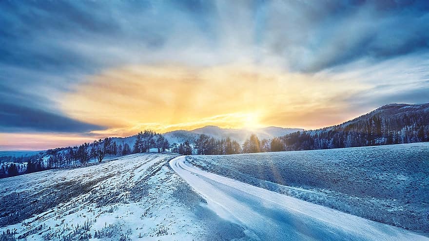 inverno, estrada, Ucrânia, panorama, Dom, montanhas, natureza, caminho, raios solares, Nevado, cenário