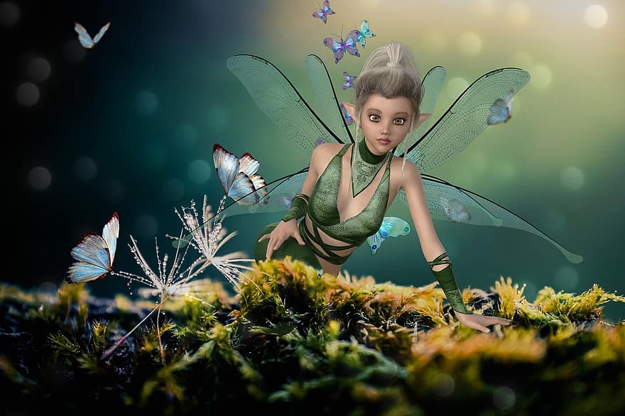 Pozadí, les, motýlů, Elf, víla, motýl, hmyz, dítě, dětství, roztomilý, zábava