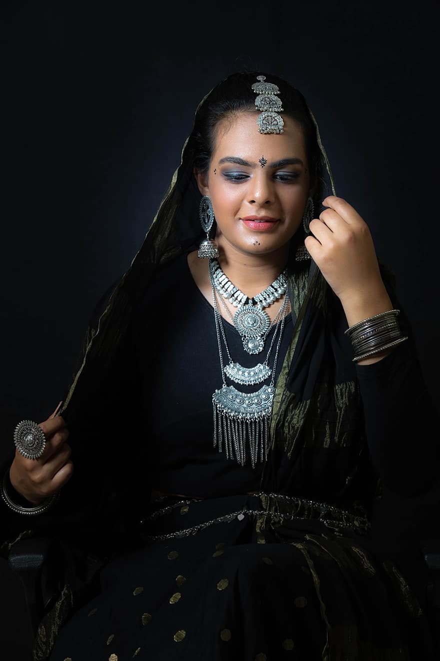 Banjara, kvinde, indian, traditionel, mode, smuk, kultur, pige, positur, model, portræt