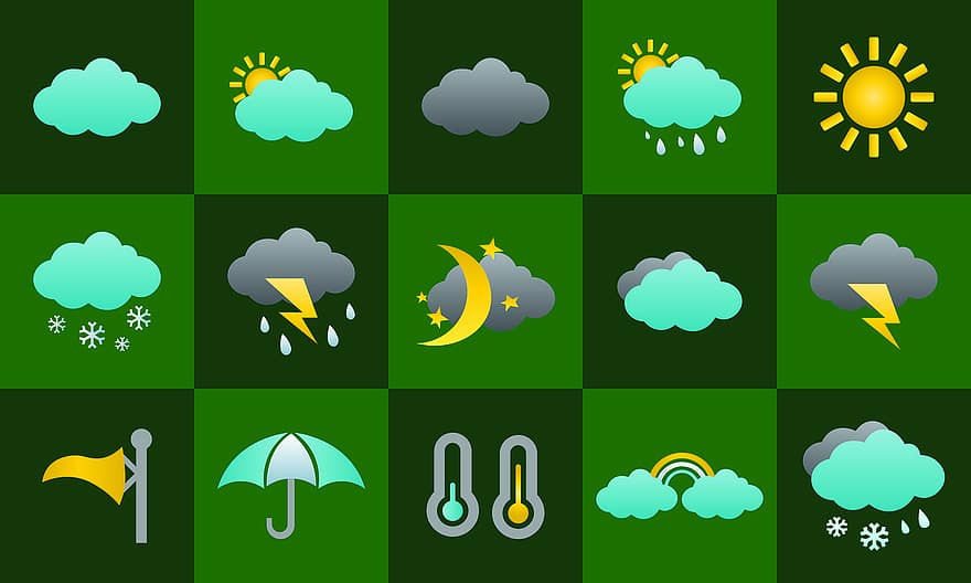 weer, icoon, regen, zon, symbool, hemel, storm, wolken, sneeuw, regenboog, onweersbui