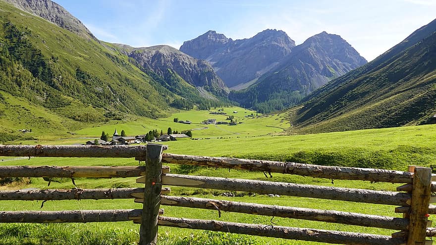 Mountains, Valley, Fields, Pasture, Grassland, Forest, Trees, Fence, Landscape