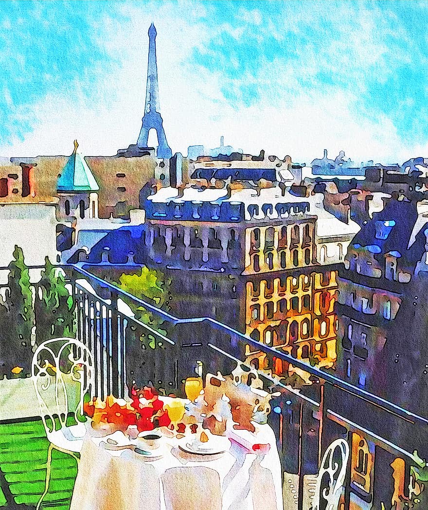 สีน้ำปารีสระเบียง, ปารีส, อาหารเช้า, ไวน์, อาหาร, เส้นขอบฟ้า, พืช, ดอกไม้, หอไอเฟล, ระเบียง, ฝรั่งเศส