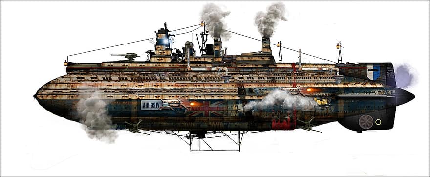 luchtschip, steampunk, fantasie, Dieselpunk, Atompunk, Science fiction, industrie, nautisch schip, vervoer, Verzenden, industrieel schip