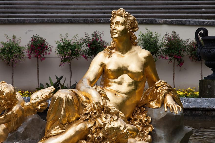điêu khắc, vàng, mạ vàng, đàn bà, Thiên thần, nhân vật, naiad, nữ thần sinh sản, nymph, cung điện linderhof, Bavaria
