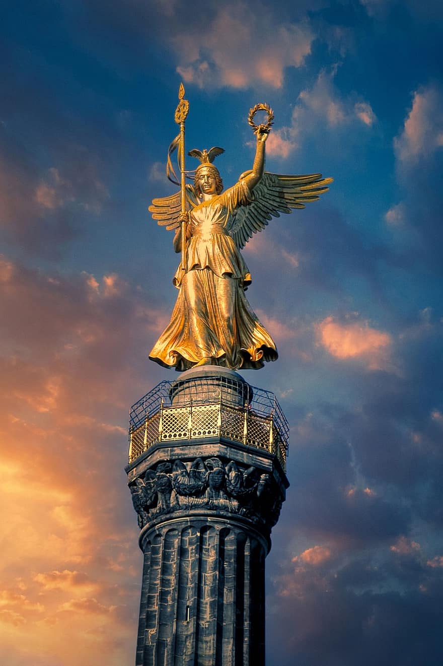 uzvaru kolonna, statuja, piemineklis, skulptūra, tornis, siegessäule, berlin, tiergarten, orientieris, eņģelis, zelta statuja