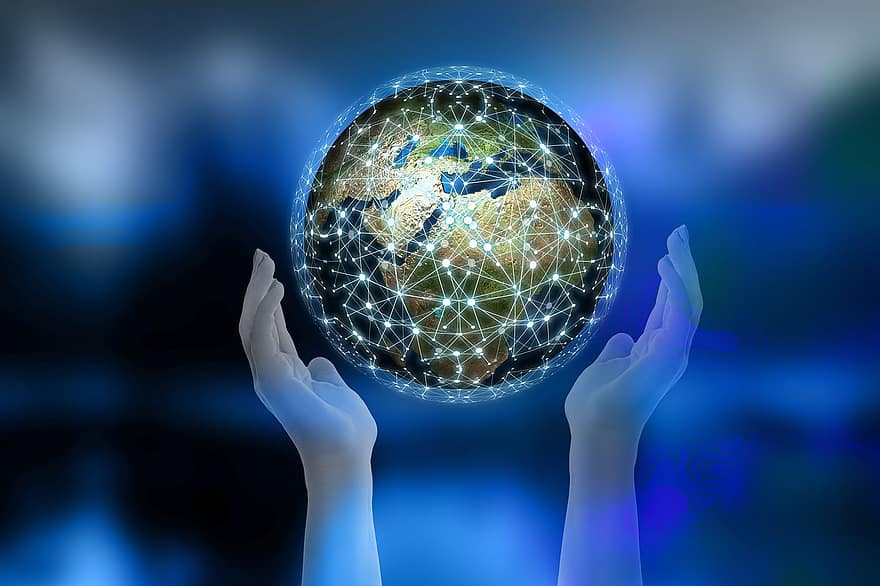 Netzwerk, Erde, Blockkette, Globus, Digitalisierung, Kommunikation, weltweit, Hand, halt, Sicherheit, Verbindung
