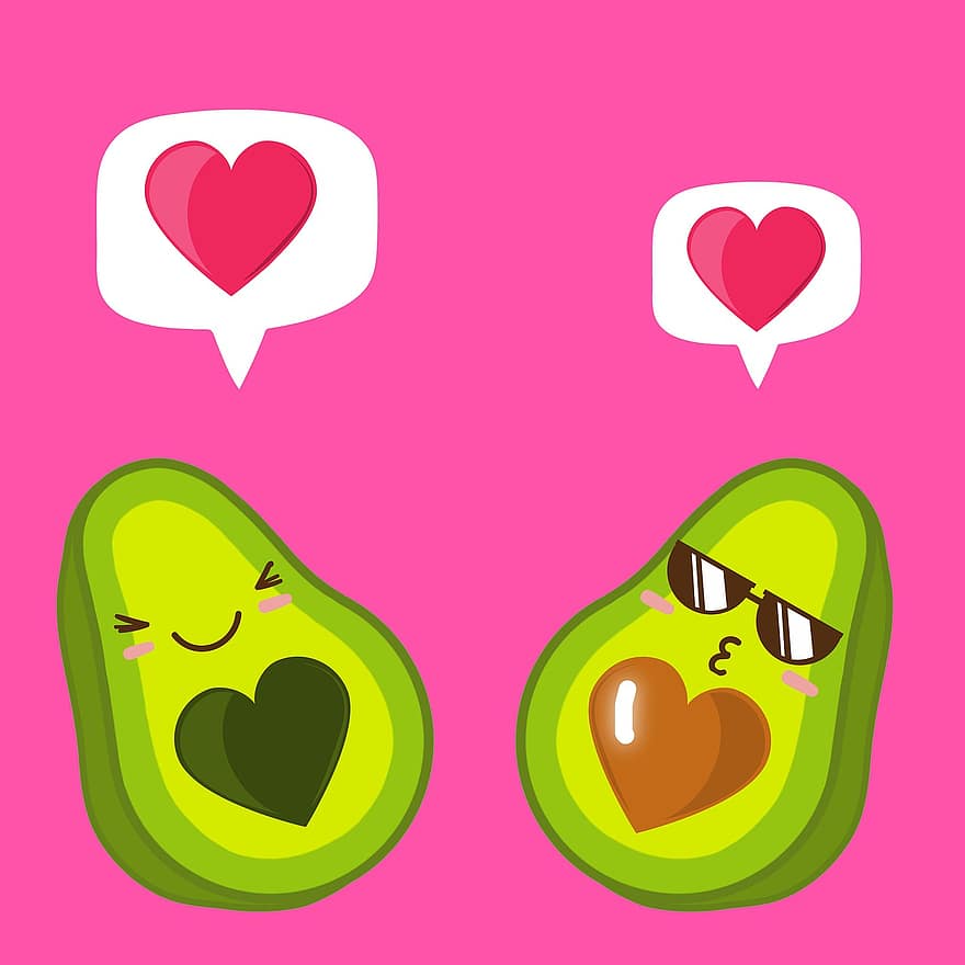 Avocado, Liebe, Valentinstag, Paar, Kawaii-Avocado, Karikatur, Illustration, süß, Symbol, Vektor, Lebensmittel
