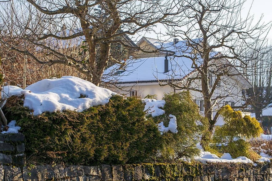 hus, by, vinter-, vägg, snö, snödriva, Hem, gemenskap, arkitektur, kall, frost