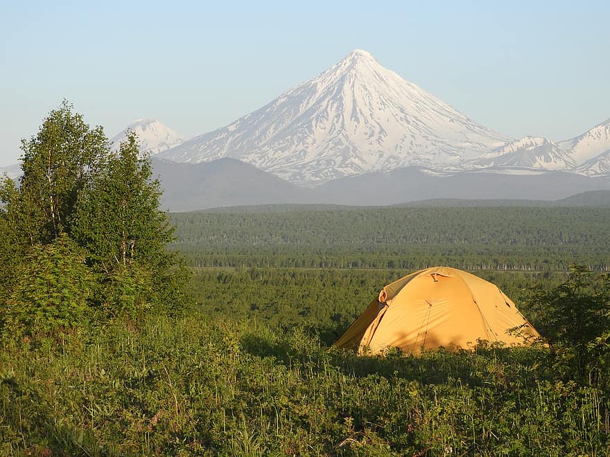 火山、テント、キャンプ、観光客、夏、ベッド、旅行、森林、コリアックスキー火山
