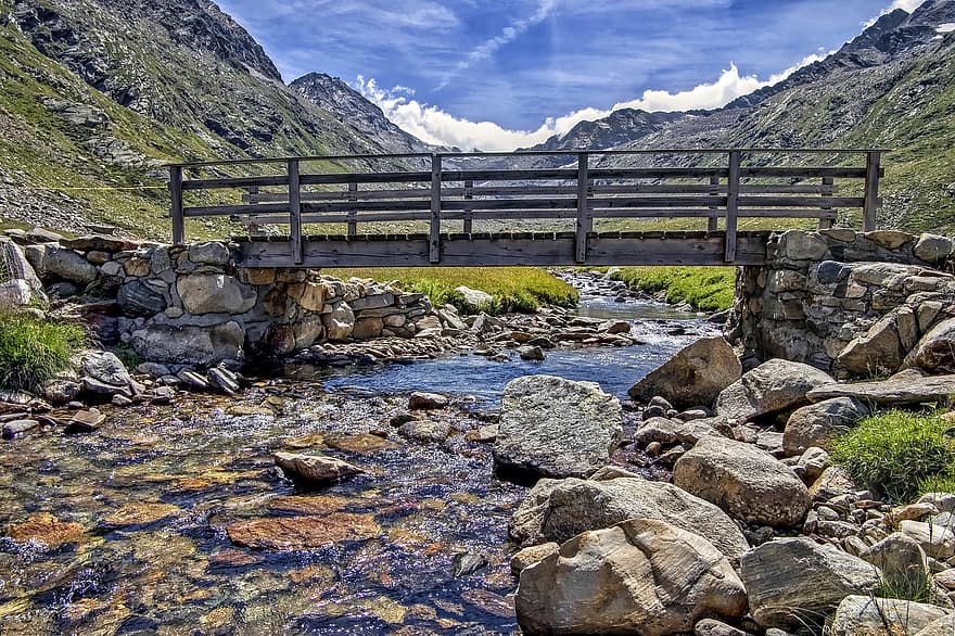 montaña, Alpes, Italia, parque Nacional, valle, Aosta, torrente, puente, altitud, trekking, paisaje