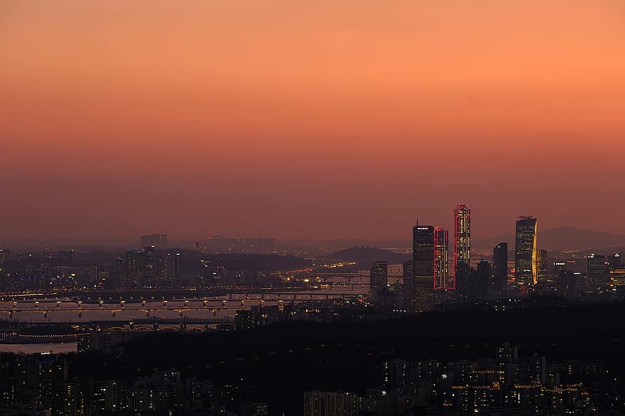 by, seoul, solnedgang, landskab, tusmørke, han flod, Yeouido, aften, nat, skumring, Sydkorea