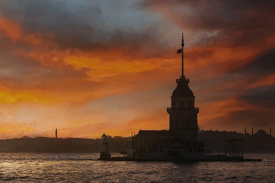 девическа кула, залез, небе, изглед, силует, Истанбул, Юскюдар, на открито, здрач, архитектура, известното място