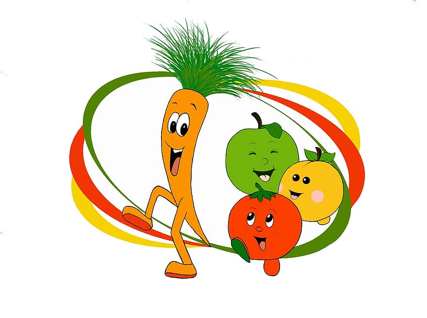 Zanahoria, vegetales, vitaminas, manzana, ciruela, tomate, cómic, dibujo, amarillo, rojo