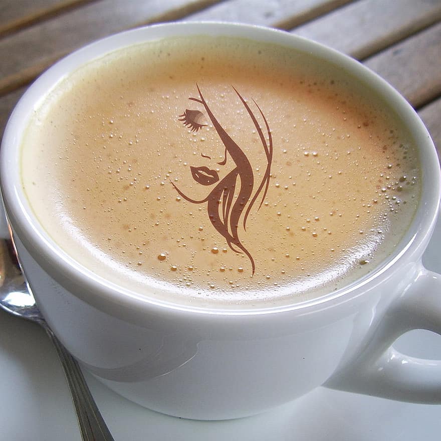 puodelis, kava, mergina, moteris, siluetas, grožis, putos, café au lait, šypsena, juoktis, smiley
