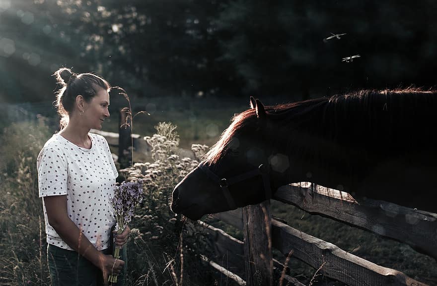 молодая женщина, лошадь, букет, трава, цветы, животное, летом, ферма, сельская сцена, один человек, женщины