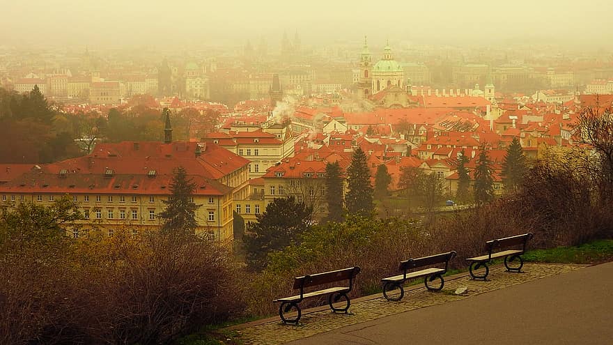 Praga, panoramă, oraș, ceaţă, ceață și fum, poluare, vedere, Republica Cehă, orașul istoric al, arhitectură, toamnă