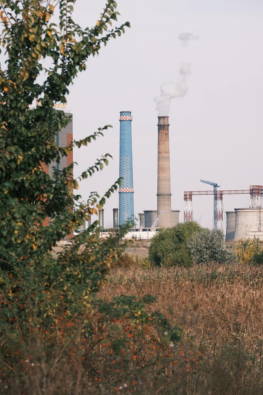 фабрика, комин, ливада, дим, замърсяване, промишленост