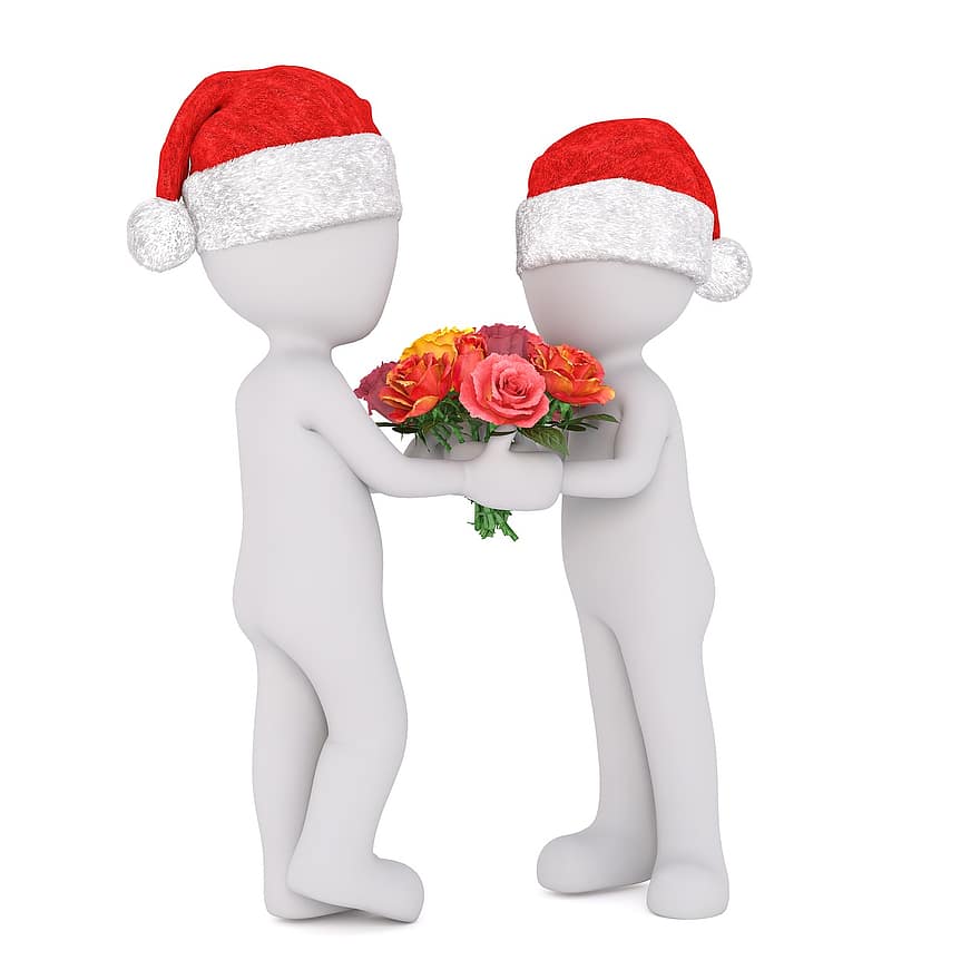 biały samiec, Model 3D, całe ciało, 3d santa hat, Boże Narodzenie, czapka Mikołaja, 3d, biały, odosobniony, żądanie, Propozycja małżeństwa