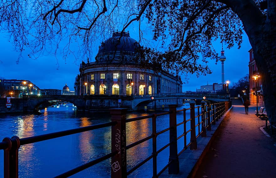 Vācija, muzeju sala, pilsēta, berlin, zila stunda, saullēkts, naktī, slavenā vieta, arhitektūra, krēsla, pilsētas ainava