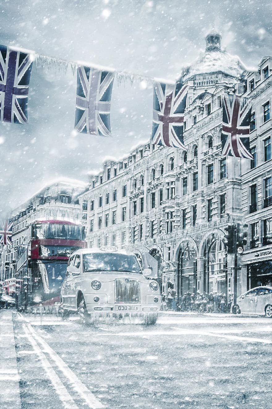 런던, 건축물, 건물, 차, 버스, 시티, 겨울, 눈, 날씨, 디지털 조작, 사진 예술