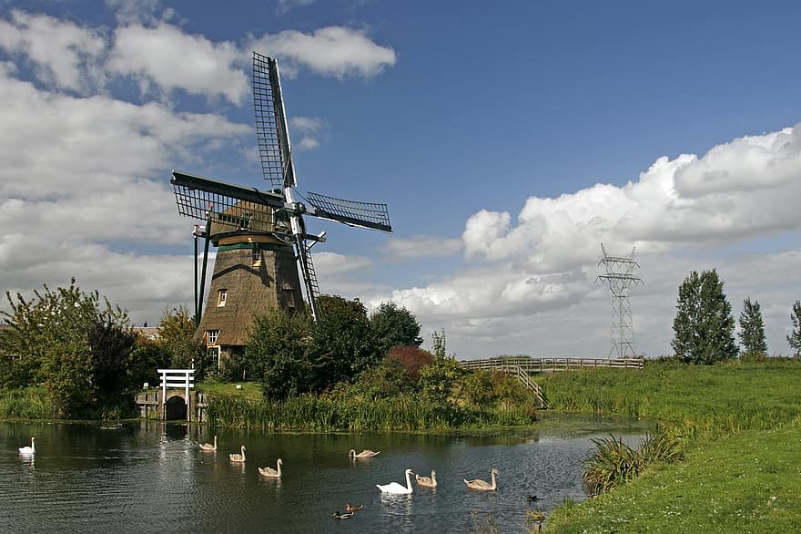 ワイプミル、ポストミル、オランダ、南ホランド、川、自然、田園風景、風車、水、風景、草